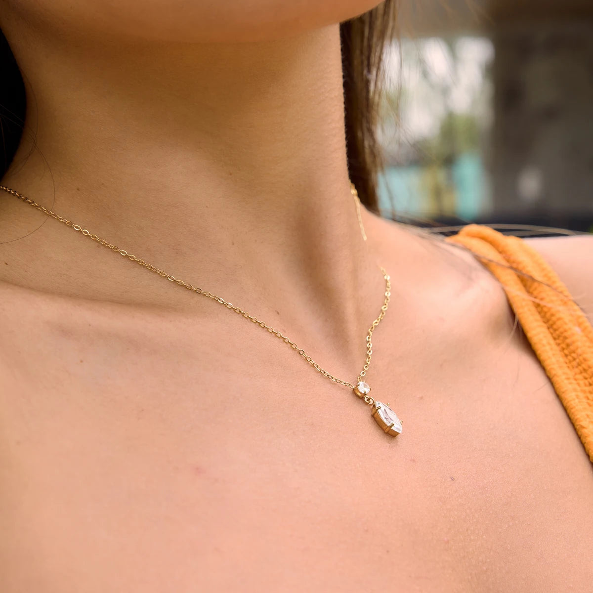 Olive Pointed Zircon Pendant Necklace Gold Plated Stainless Steel