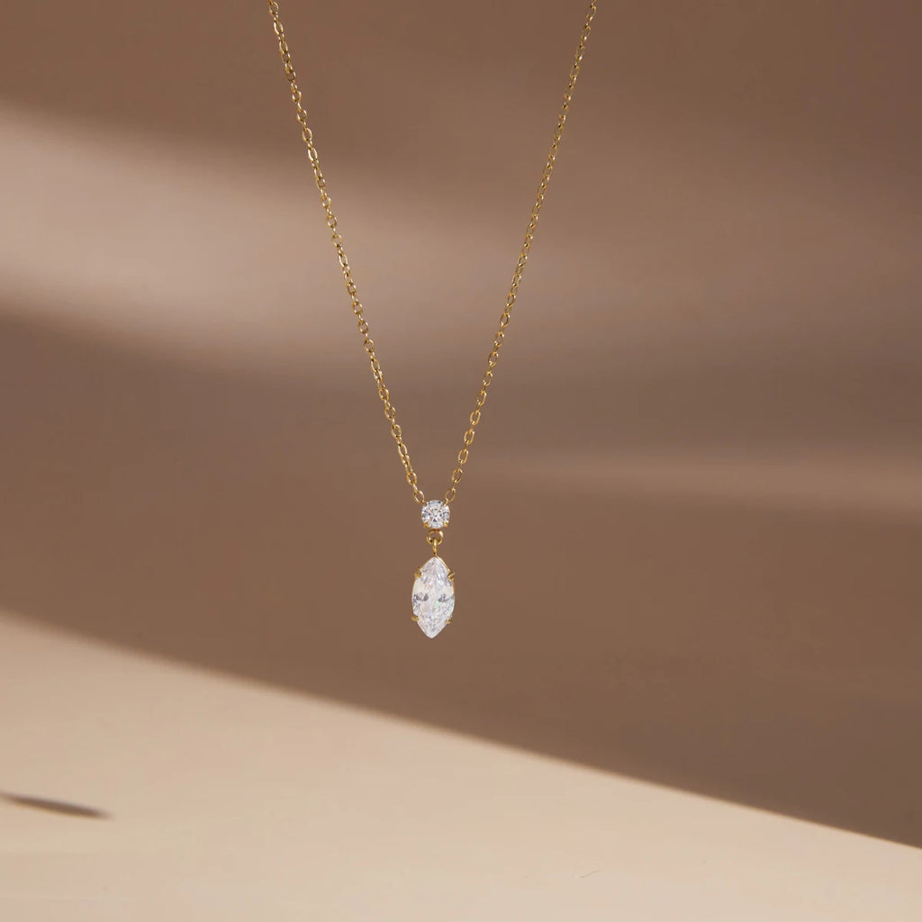 Olive Pointed Zircon Pendant Necklace Gold Plated Stainless Steel