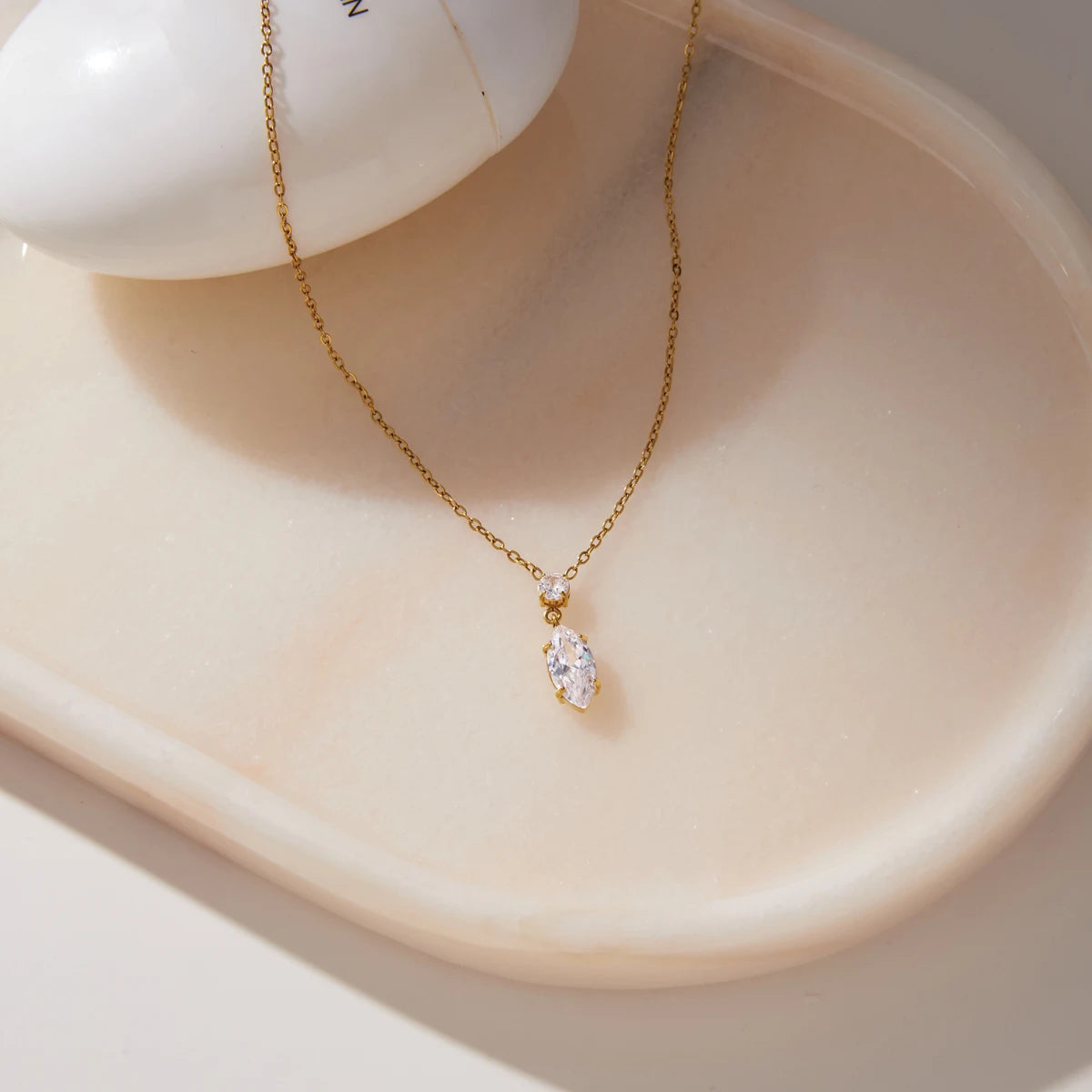 Olive Pointed Zircon Pendant Necklace Gold Plated Stainless Steel